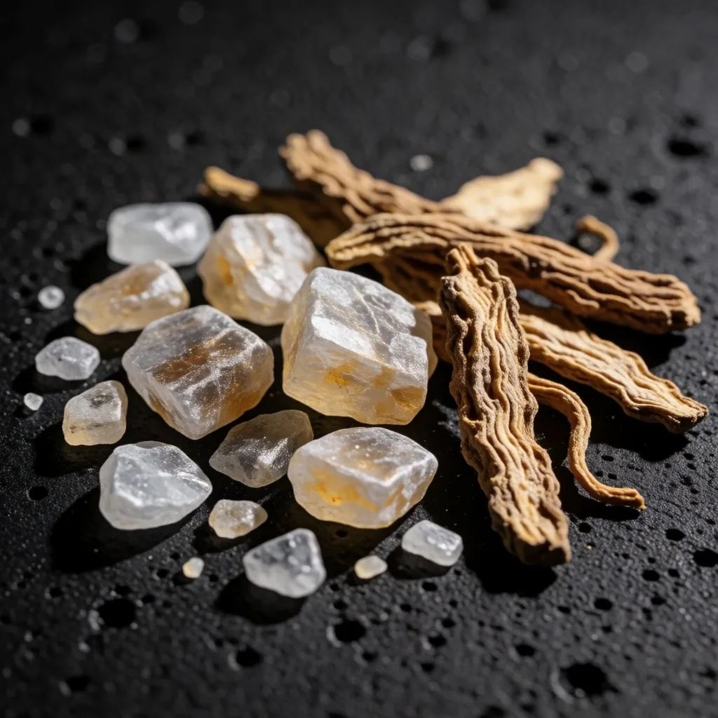 Mineral and botanical specimens on dark concrete
