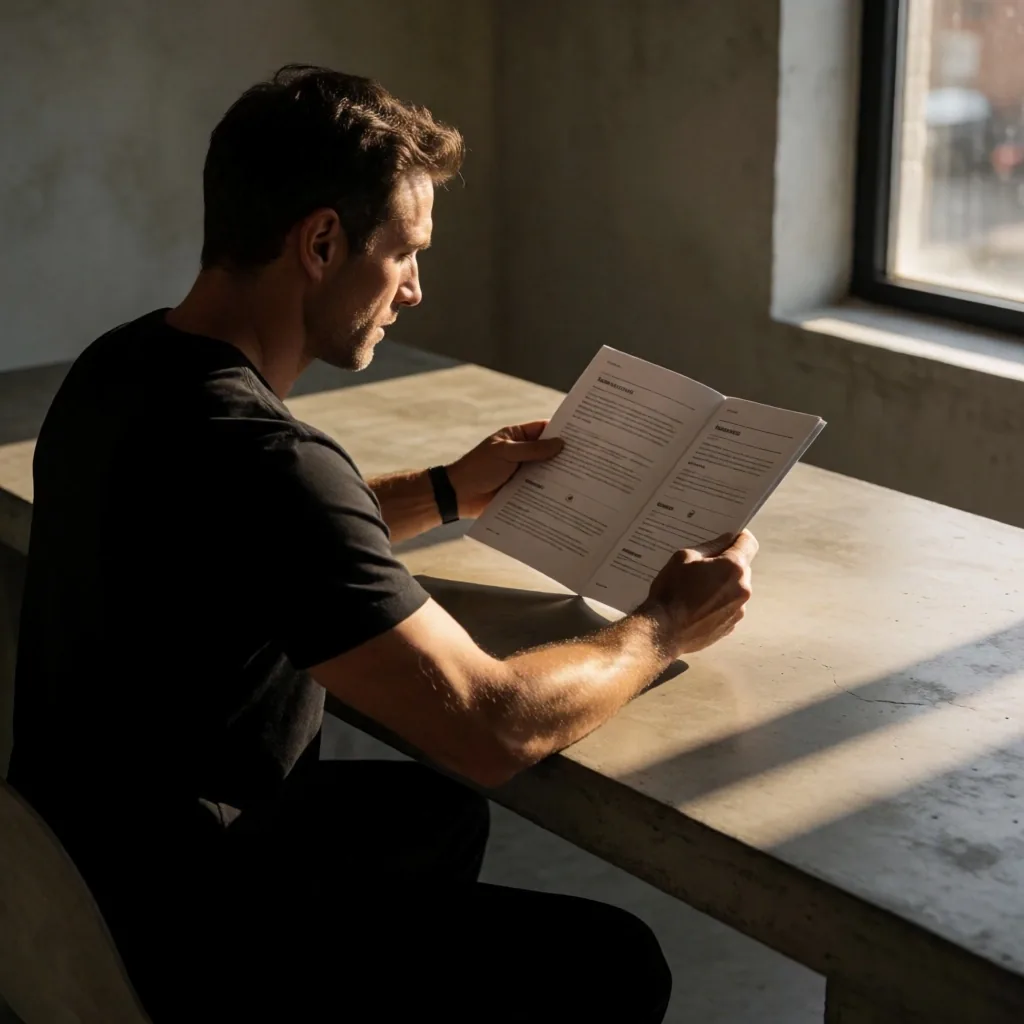 A man reading a wellness guide at a concrete desk in warm side light